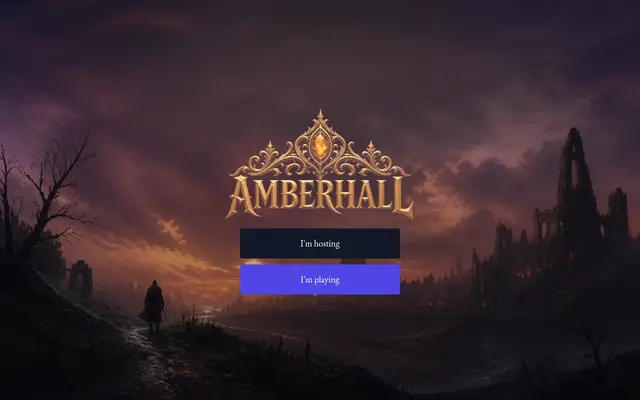 Amberhall title screen with “I'm hosting” and “I'm playing” buttons over a dusk landscape