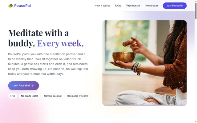 PausePal home page: “Meditate with a buddy. Every week.”