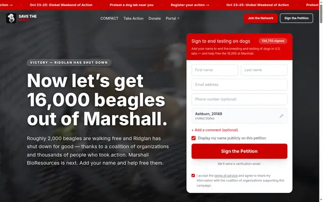SaveTheDogs home page: “Now let's get 16,000 beagles out of Marshall.” with a petition form