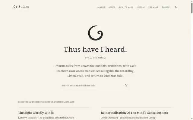 Sutam home page: “Thus have I heard.” with a search box for what the teachers said